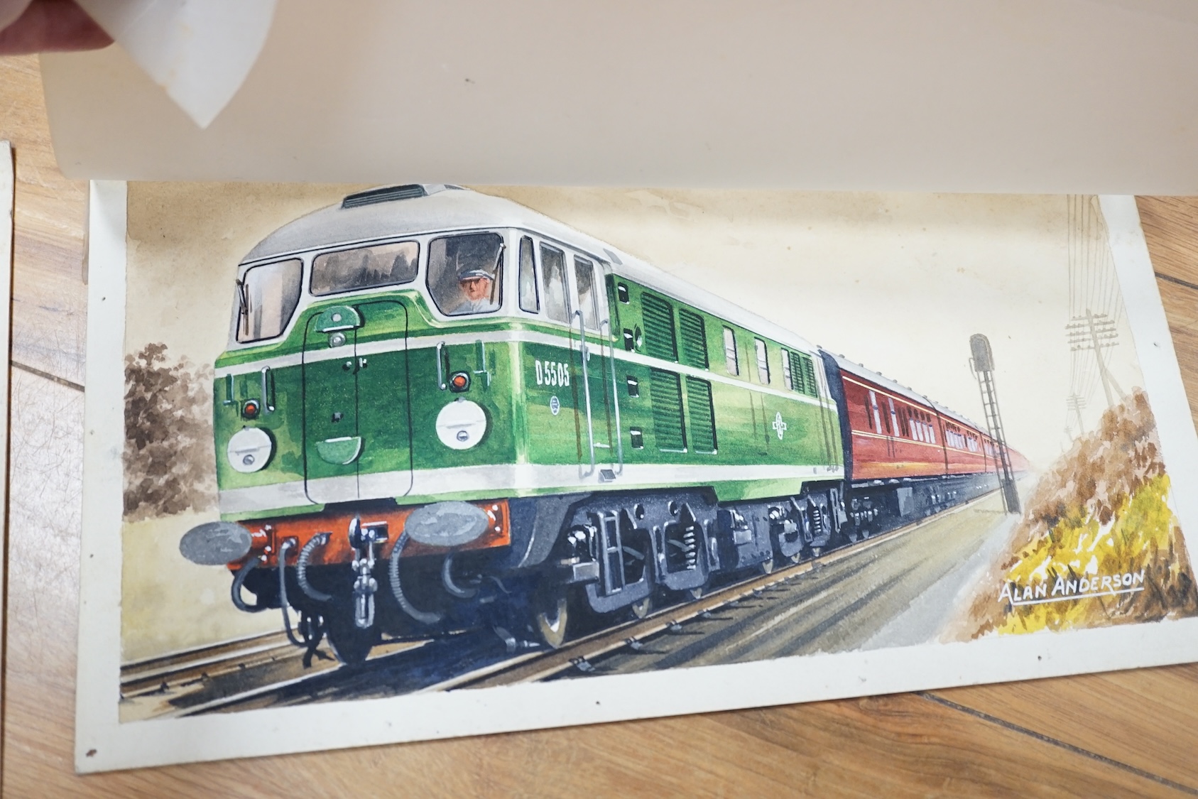 Alan Anderson, set of four original watercolours for postcard designs, Locomotives comprising ‘Royal Scot, LMS Railway’, ‘BR Class 31 No. 5505’, ‘Class D600 Active’ and ‘Western Region Diesel, British Railways’, each sig